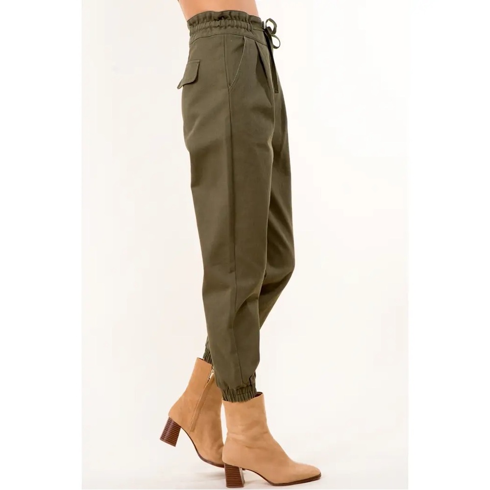 Brand New: Tie Waist Paperbag Cotton Pants Olive Green -Cotton